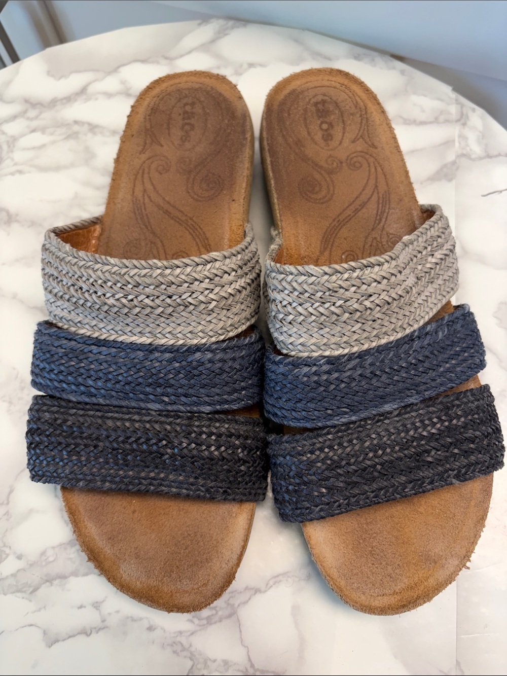 Taos Footwear Braided Triple-Strap Slide Sandals in Tan and Navy